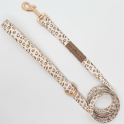 Leopard print dog lead in beige with gold hardware