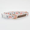 White dog collar with pink roses and white magnolias. and gold hardware