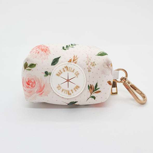 White and pink rose dog bag with gold hardware